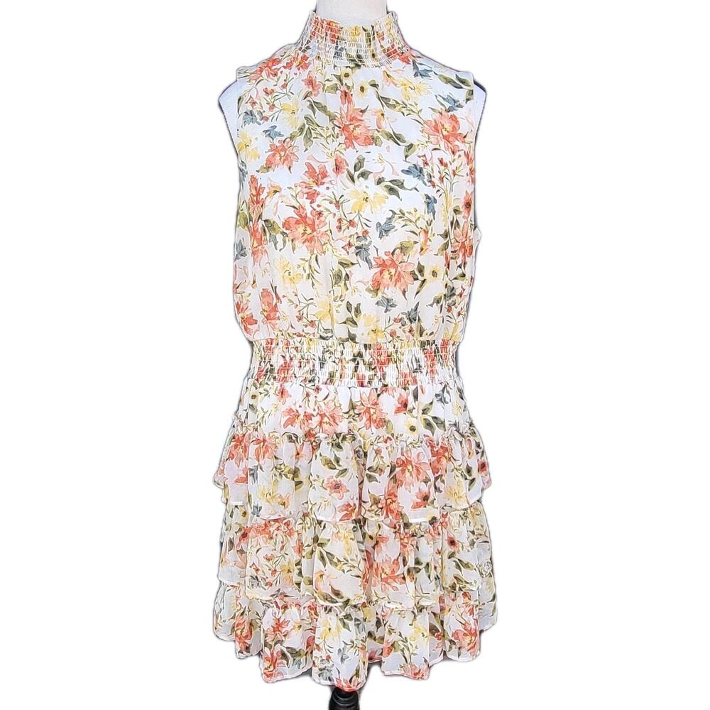 1.STATE Women's Floral Smocked Mock Neck Sleeveless Tiered Mini Dress Size XL